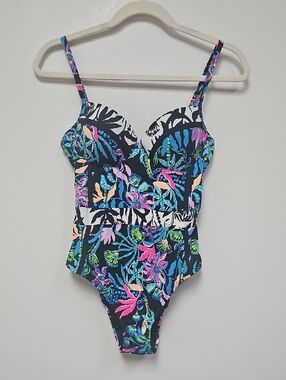 Floral One-Piece Swimsuit - Navy with Multicolor Print